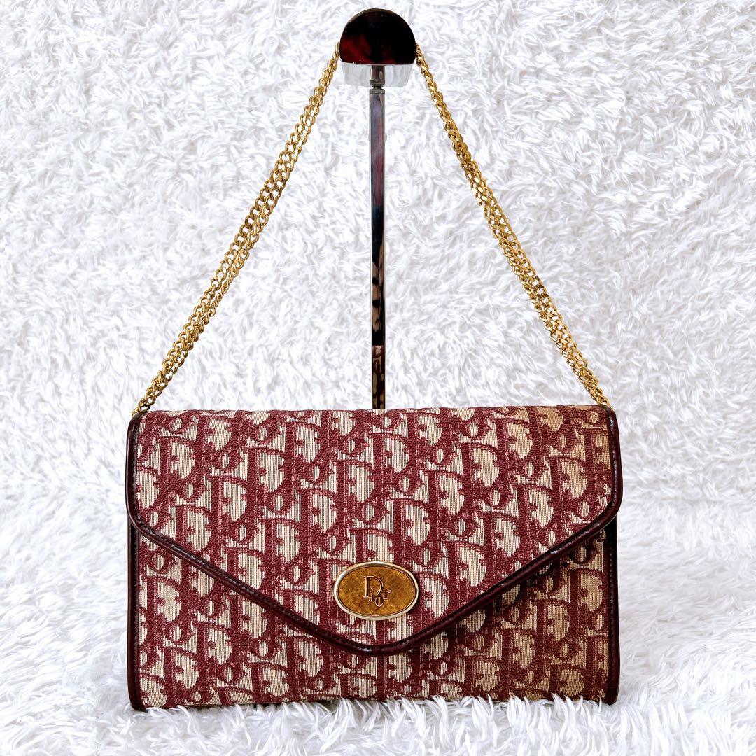 極希少✨OLD Dior クラッチバッグ　チェーン　ボルドー　トロッター柄