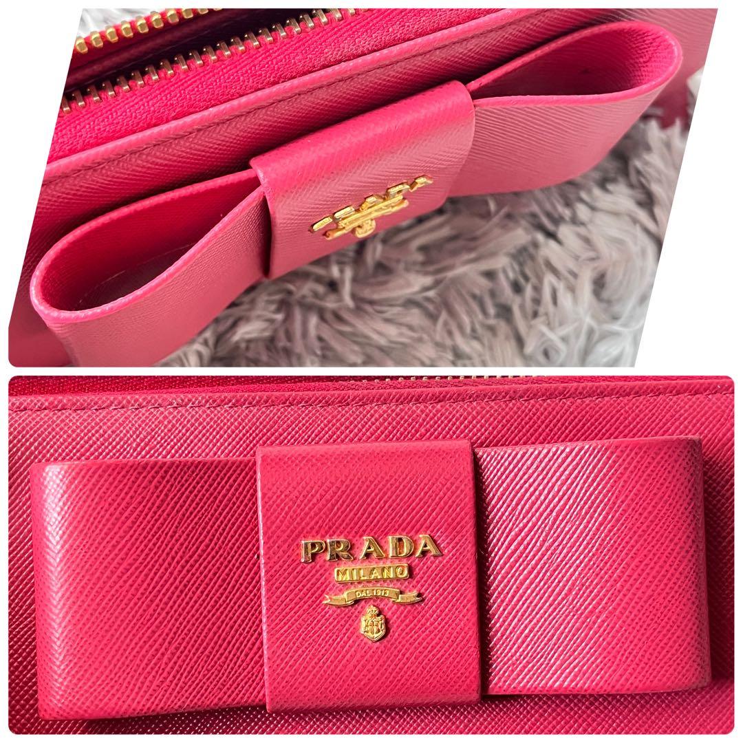美品✨プラダ　L字ファスナー　サフィアーノ　長財布　フィオッコ　リボン　ピンク