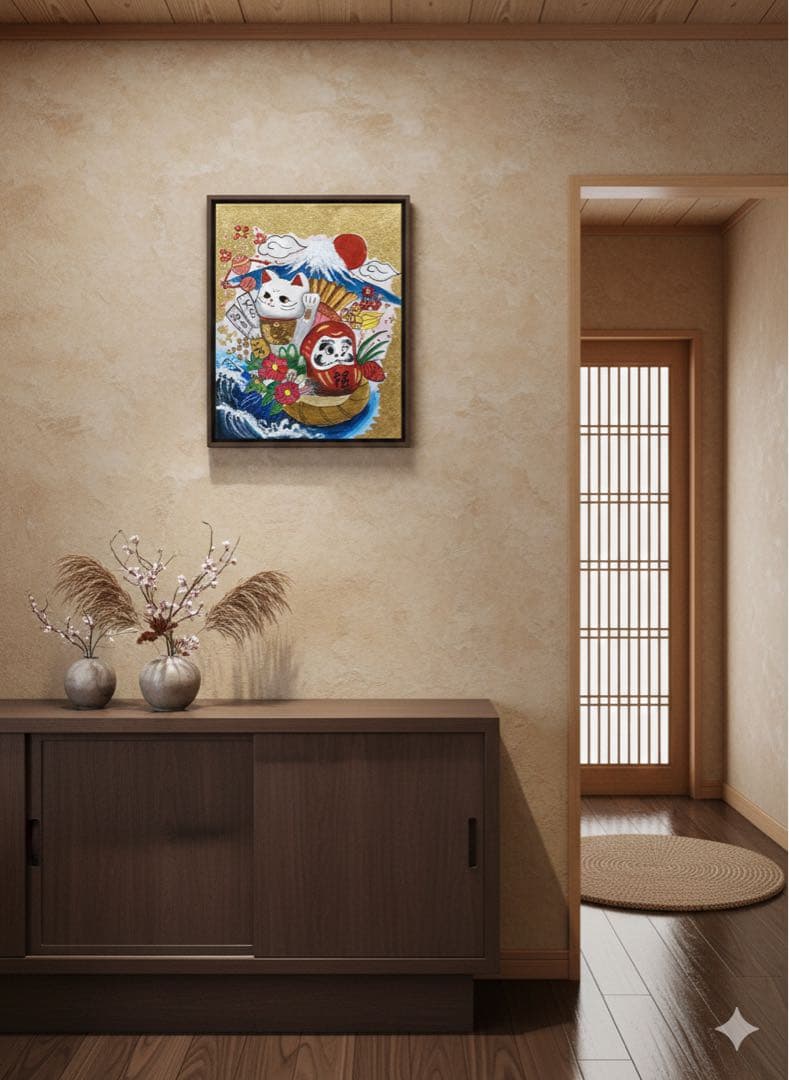 【原画・一点物】招き猫 達磨 富士山 金箔 アクリル画 開運・縁起物・和風