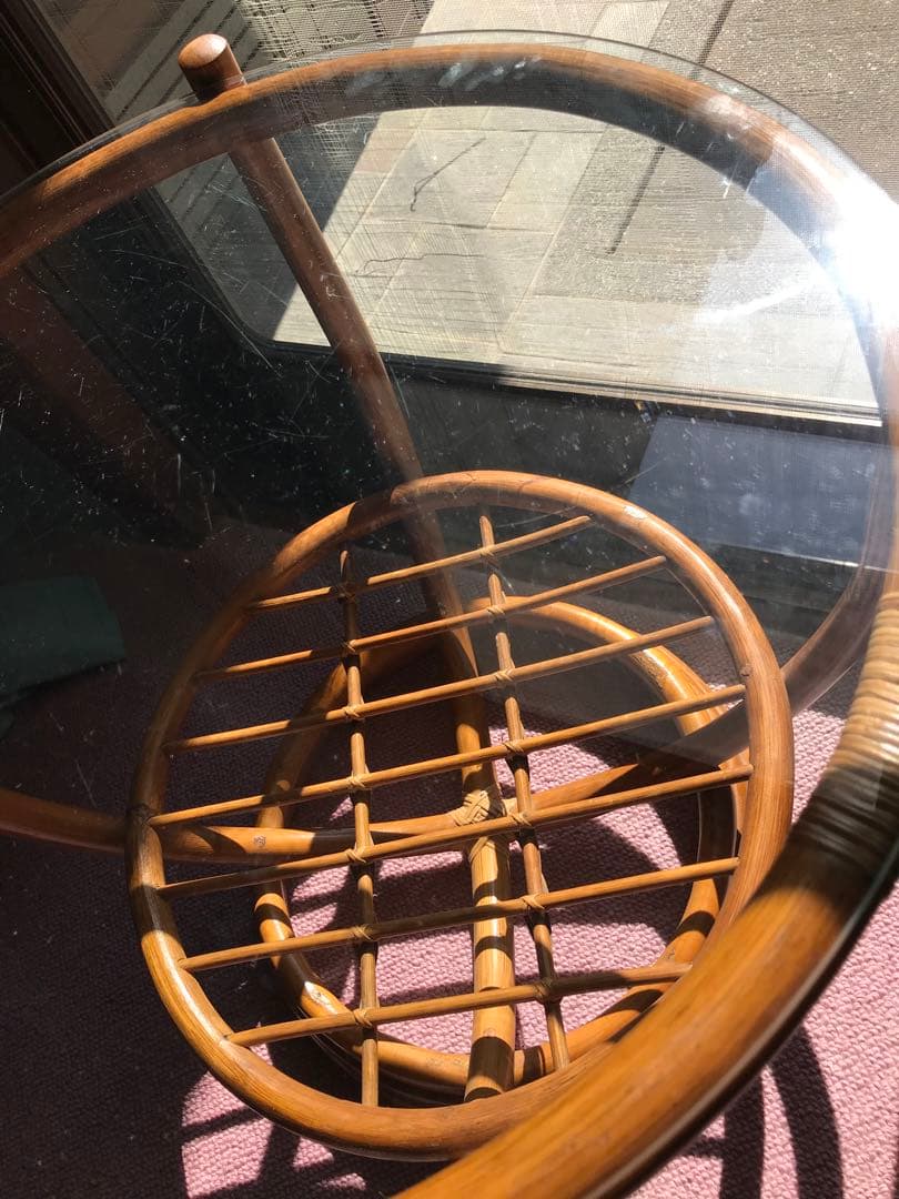 ラタン 天板ガラステーブル 古家具 センターテーブル 台湾製 ヴィンテージ