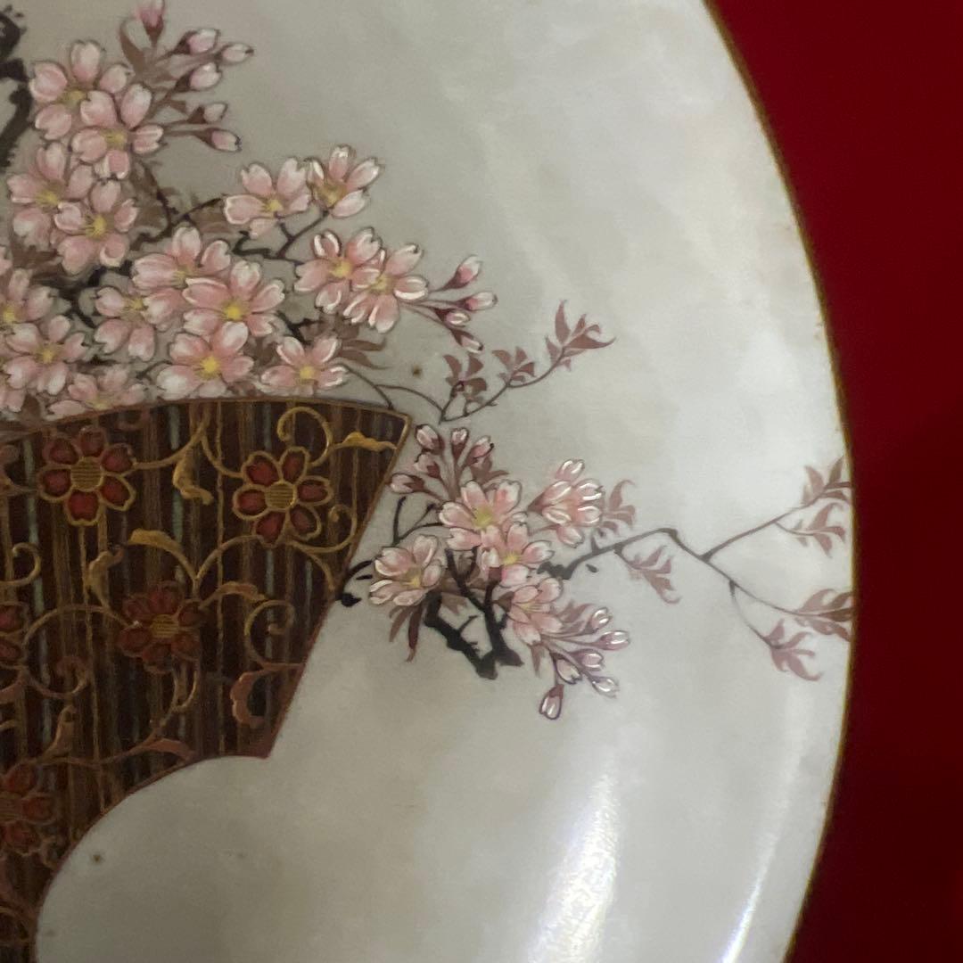 古美術　桜の木　扇面絵　極細絵　九谷谷口製　在銘