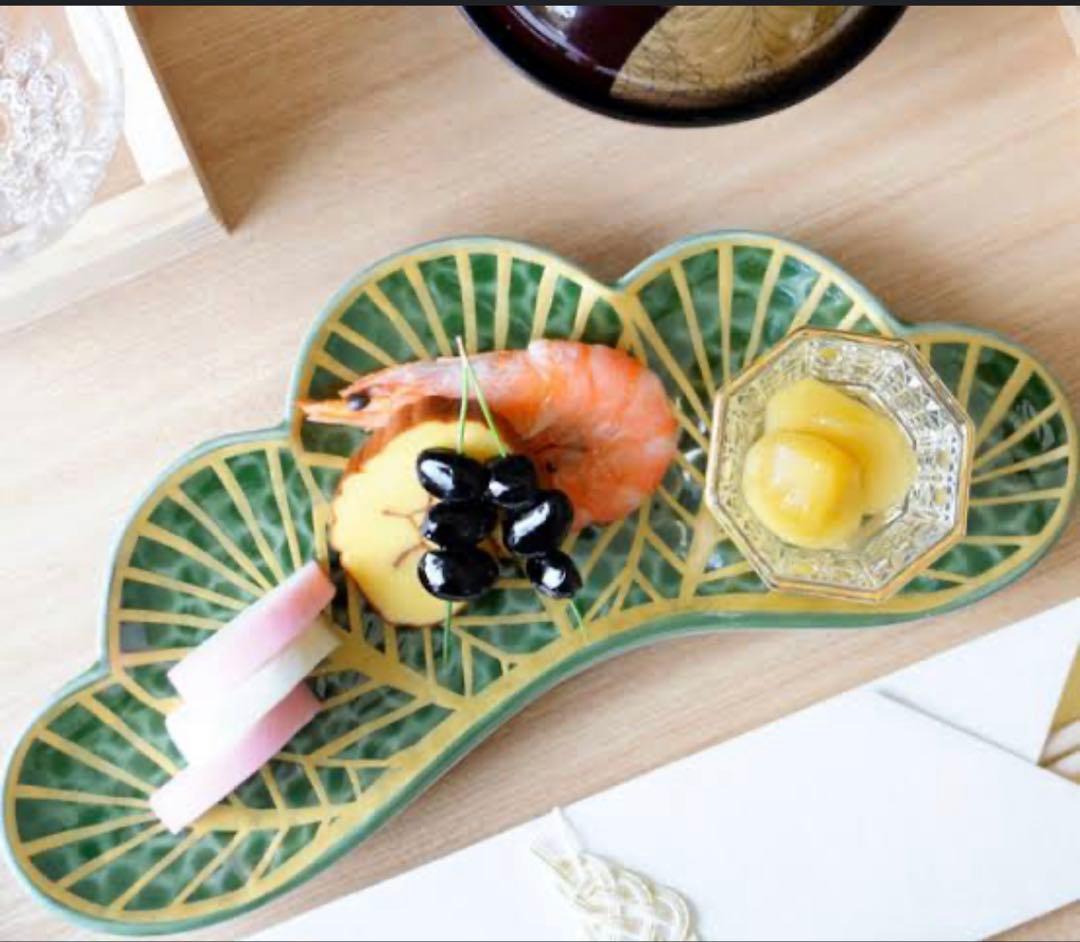 smile☺︎ご依頼品　有田焼　幸楽窯　錦金松葉形前菜皿　茶緑金　5点セット