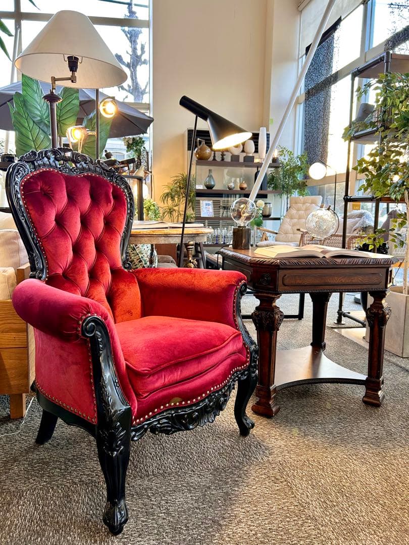 【美品】クラシックロココ調　猫脚チェア　赤ベルベット　1人掛けソファ