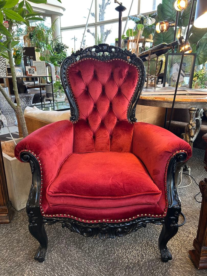 【美品】クラシックロココ調　猫脚チェア　赤ベルベット　1人掛けソファ