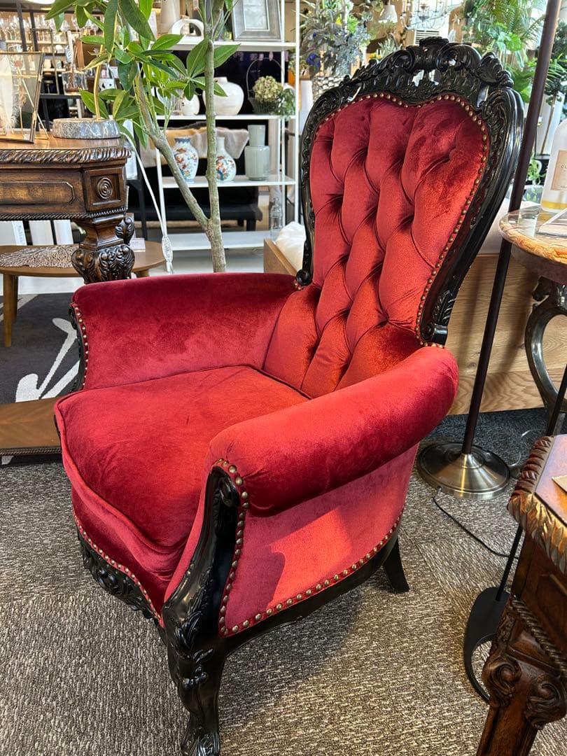 【美品】クラシックロココ調　猫脚チェア　赤ベルベット　1人掛けソファ