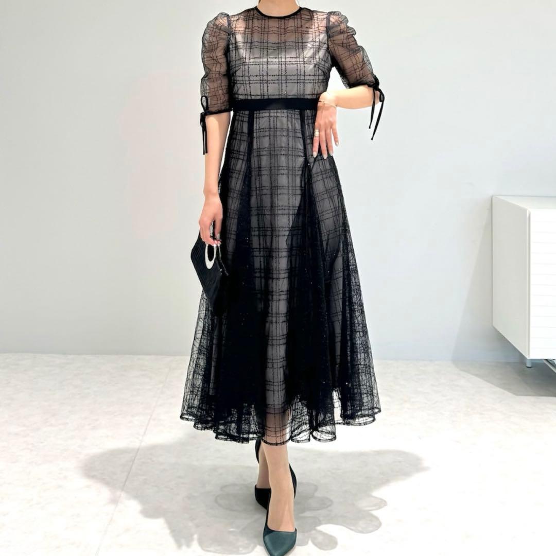 Leja チェック刺繍スパンコールチュール素材袖リボンワンピース