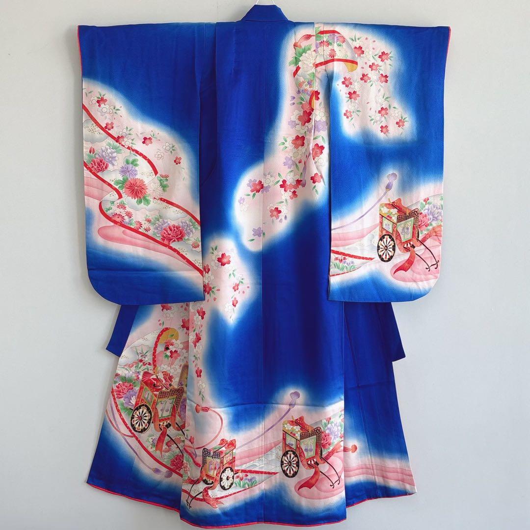 セット　七五三７歳女の子　青地花御所車　黒地袋帯　青海波金　袖なし長襦袢7103