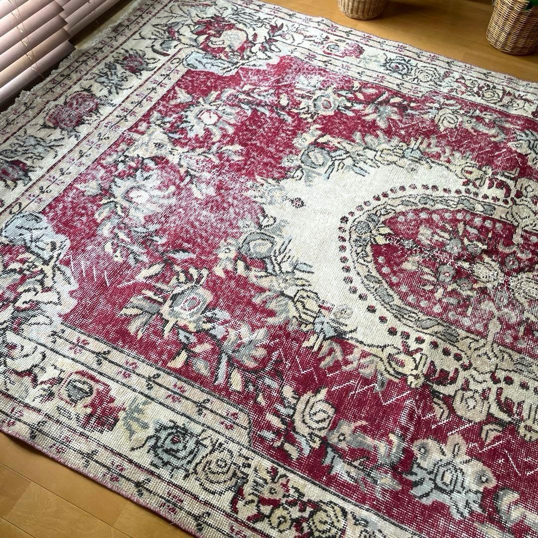 超大判168×290 メダリオン　くすみレッド　ボタニカルトルコヴィンテージラグ