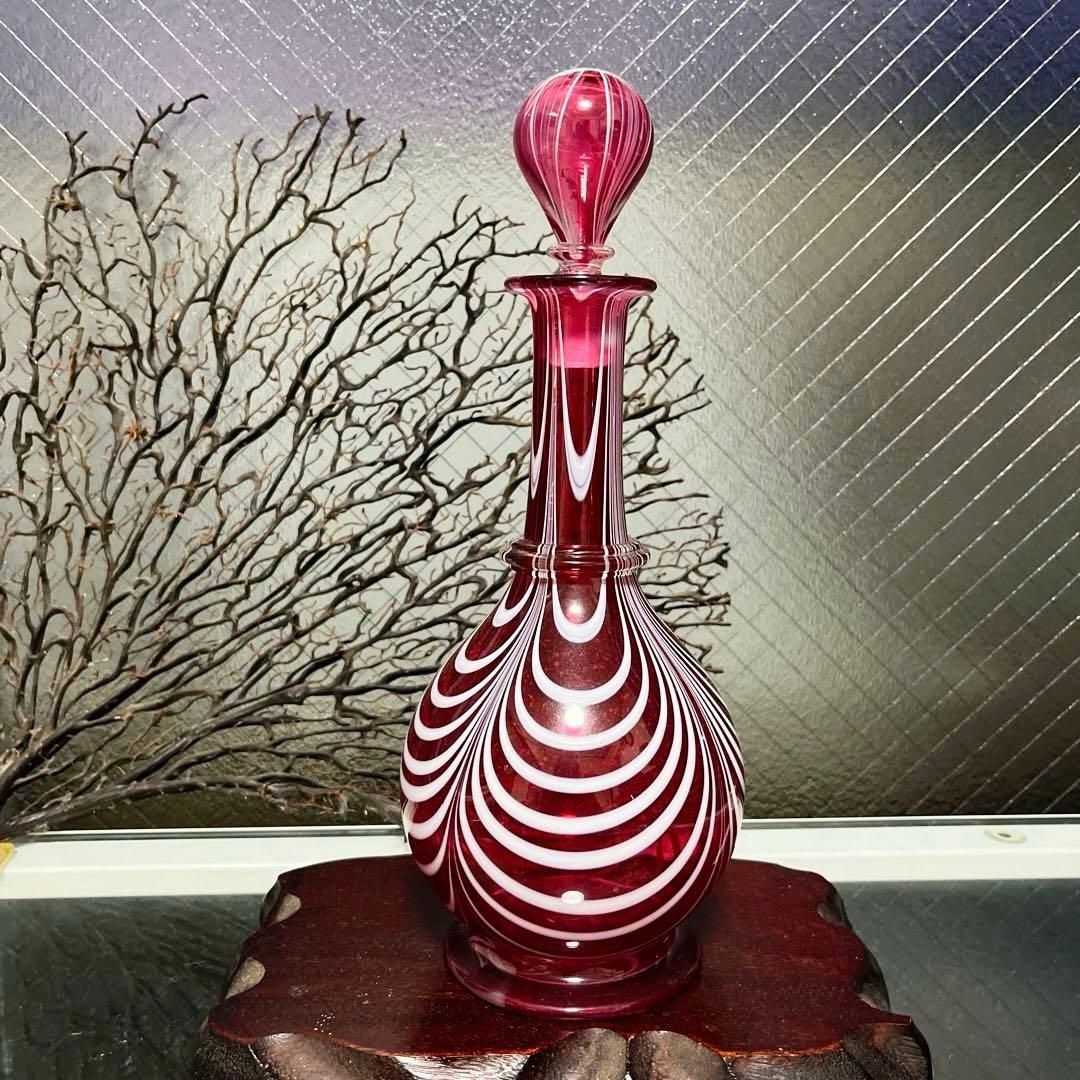 骨董　時代ガラス　希少　金赤ガラス　掻き揚げ紋　カラフェ　酒器　ウランガラス