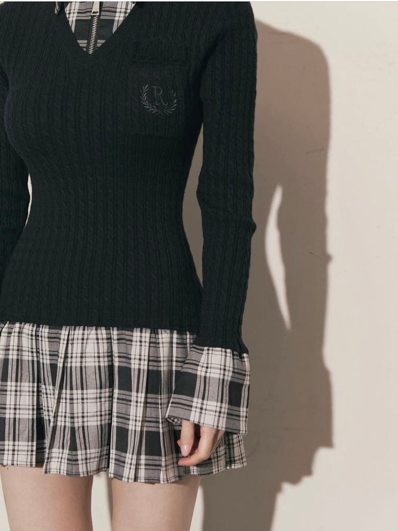 新品タグ付き Randy カービーニットチェックドッキングワンピース ブラック