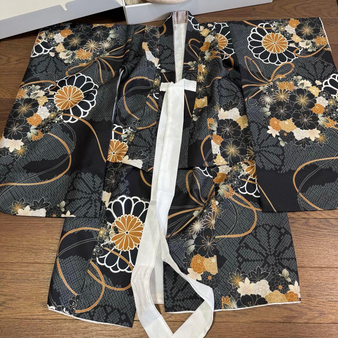 utataneひよこ商店　七五三３歳用被布コートセット 男の子 ベージュ金彩墨黒