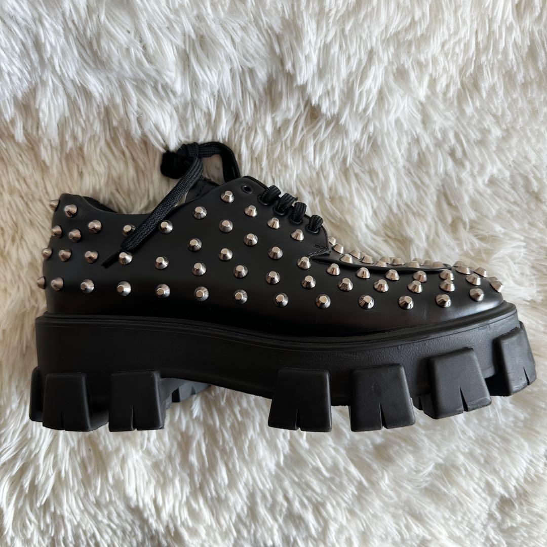 【美品】PRADA プラダ モノリス スタッズローファー 厚底 ブラック