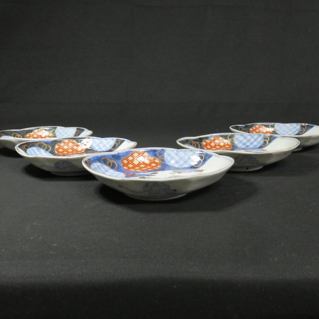 変形皿 貝型 5枚 古伊万里 江戸 蝶 花 宝 色絵付 珍品 希少