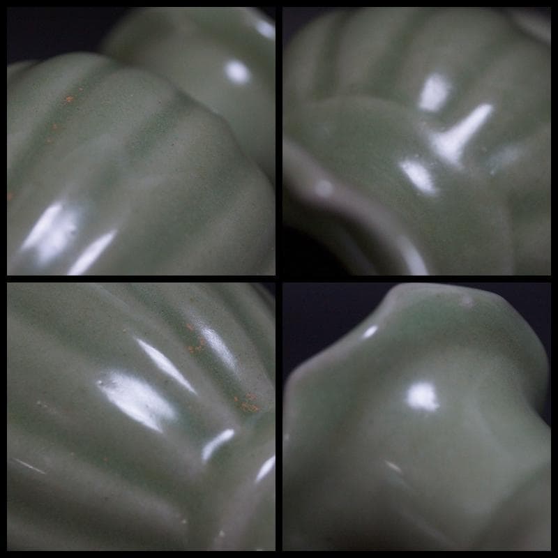 茶道具 明龍泉窯 青磁 花弁口瓜形花瓶 小ぶり花入華道具 唐物★時代物★