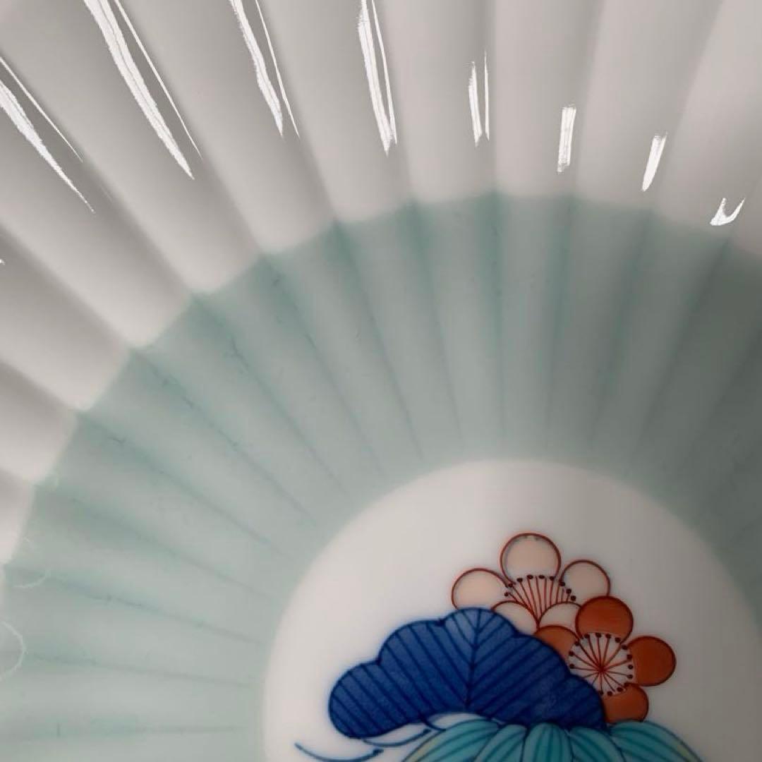 伊万里焼 畑萬陶苑：青磁掛分松竹梅文 菊割6.5寸皿 5枚組セット☆