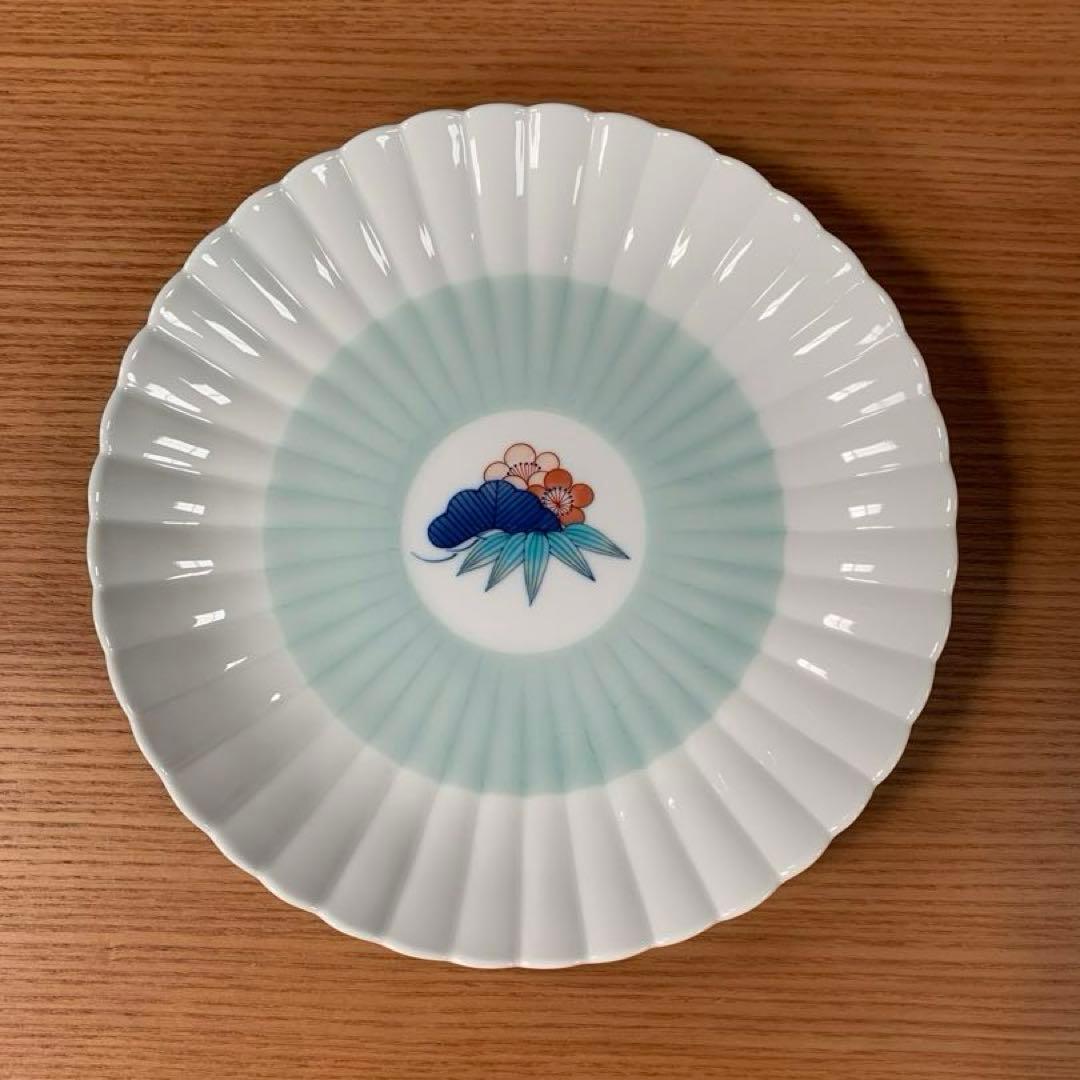 伊万里焼 畑萬陶苑：青磁掛分松竹梅文 菊割6.5寸皿 5枚組セット☆