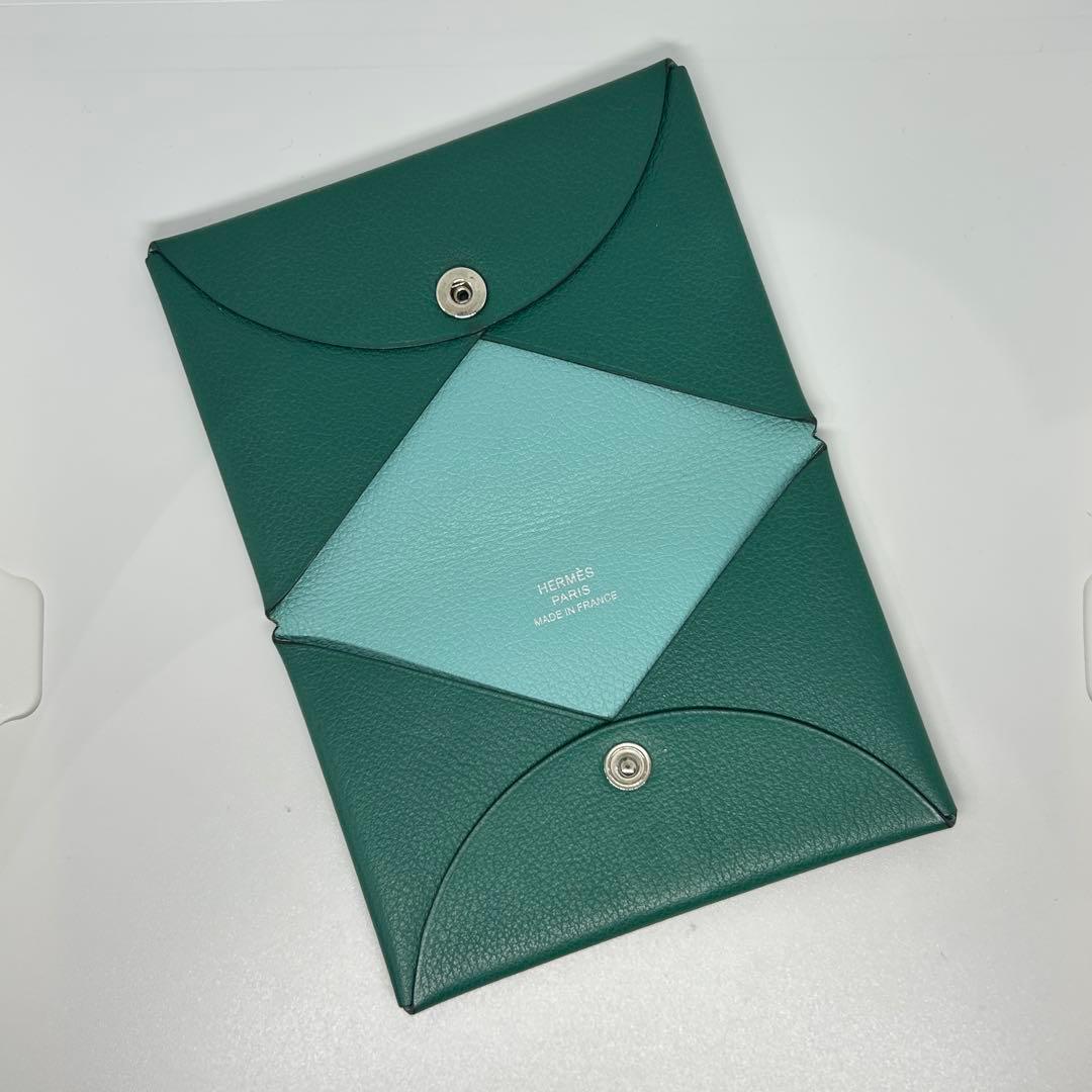 【美品】エルメス カルヴィ カードケース 名刺入れ 緑×水色
