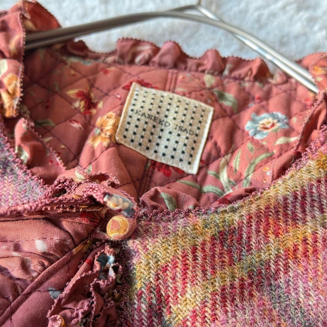 カネコイサオ ノーカラージャケット チェック ピコフリル 裏地キルティングウール