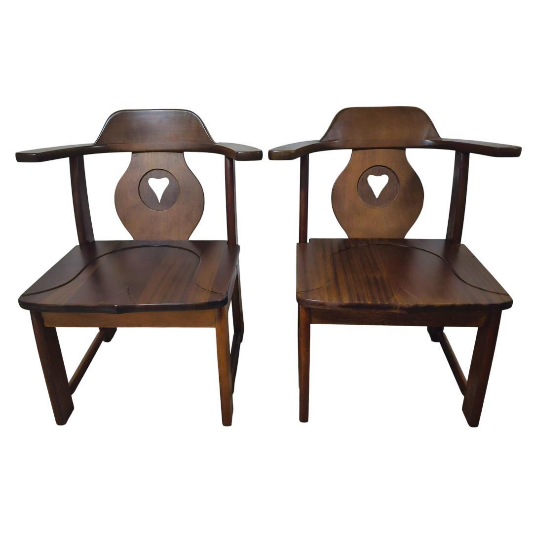 木製 ダイニングチェア 肘付き ハート背もたれ 板座 2脚セット ヴィンテージ