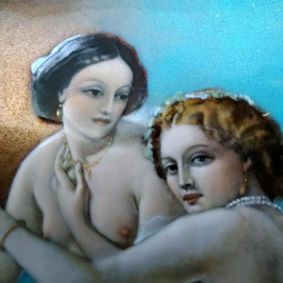 ✤リモージュ額入りエマイユ銅版画✤「ふたりの裸婦」✤