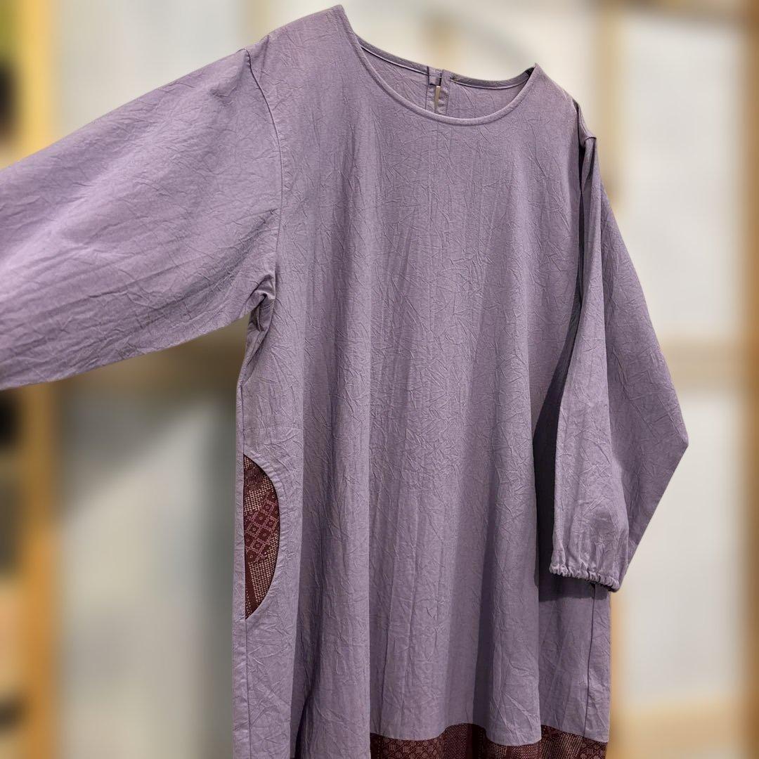 かぶり割烹着　紫　シワ加工　日本製