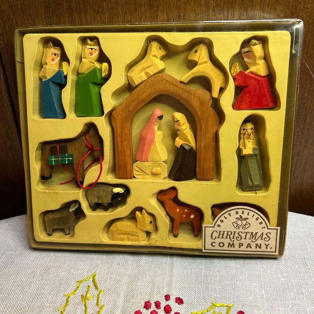 貴重ヴィンテージ未使用クリッペ木製ミニクリスマスキリスト降誕セット16個モミの木