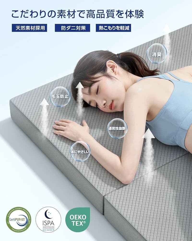 【新品】折りたたみマットレス ダブル 195×140×10cm／グレー 高反発
