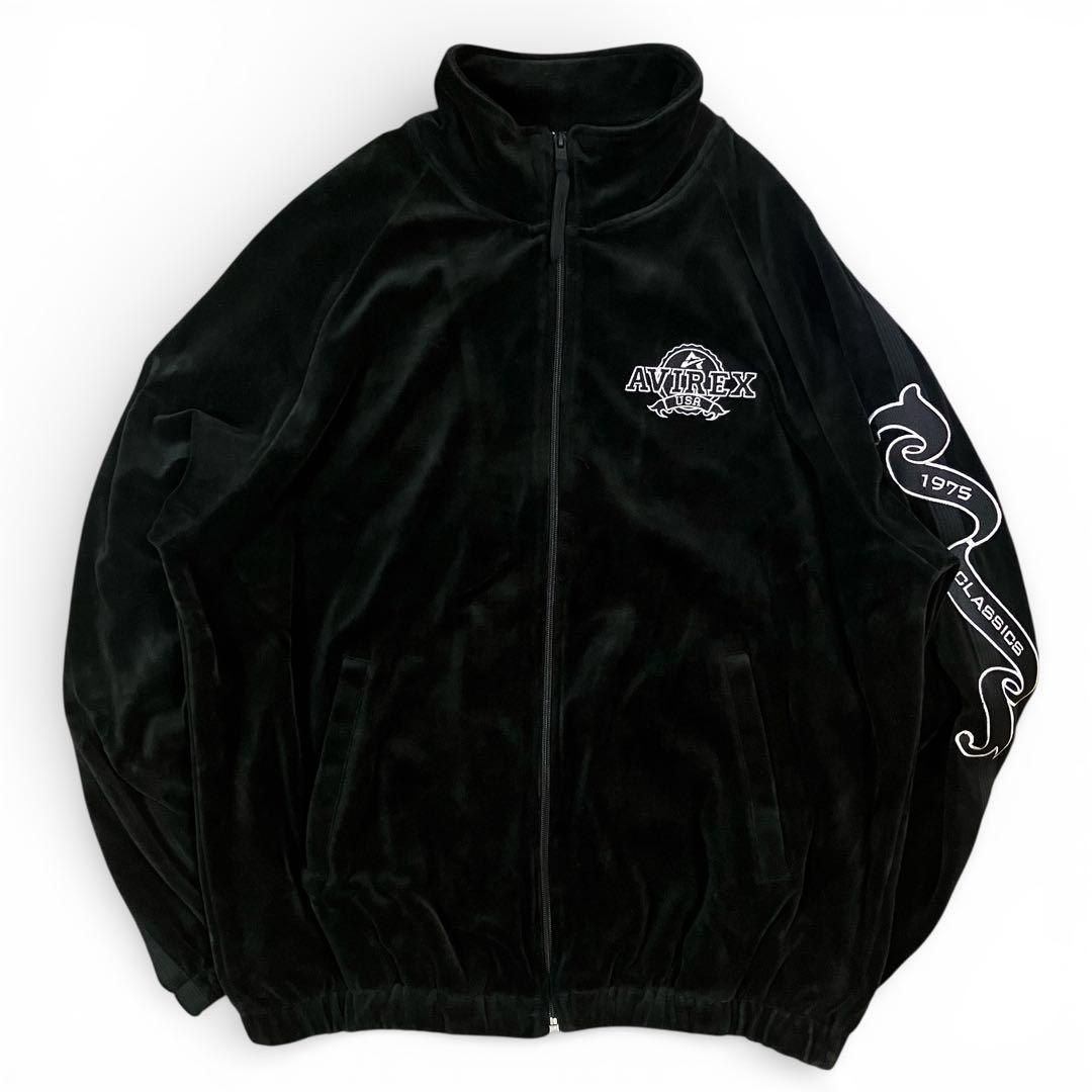 AVIREX ベロア トラックジャケット 黒 セットアップ 上下 ロゴ 刺繍 L