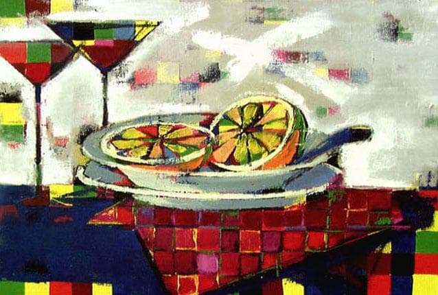 油絵菅家令子絵 絵画インテリア額付(青緑＋金色の枠)uF6-061703フルーツ