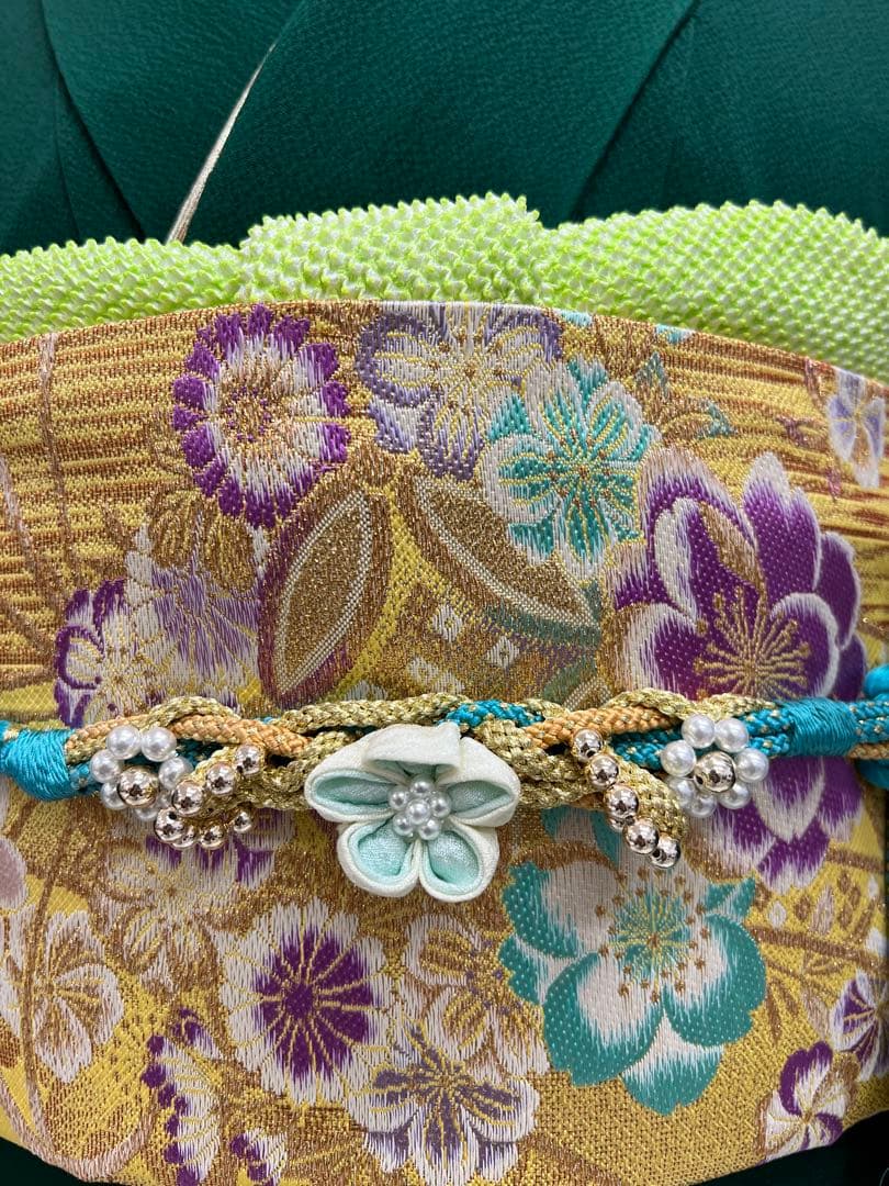 振り袖　フルセット　長襦袢付　緑　成人式　パーティー　刺繍入り　長尺袋帯　730