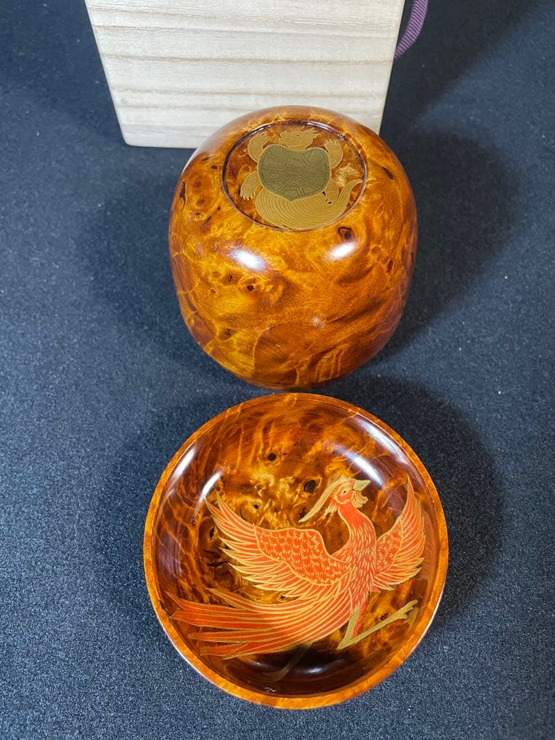 特上杢！ 棗なつめ　特上花梨瘤工芸品　蒔絵鳳と亀　長生き縁起物　茶入れ　茶道具
