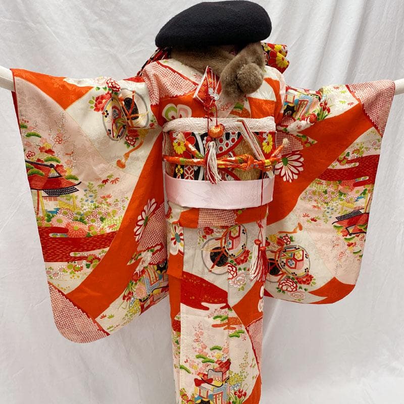 508ag86◎七五三 七歳 女児 アンティーク着物&丸帯 総柄 濃い朱色◎