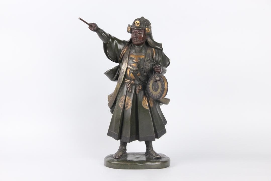 日本美術　銅製武人像　正秀作　細密彫刻　金象嵌　明治期金工　時代物 Eo1-21