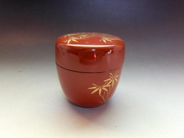 棗■古い蒔絵竹図朱塗り茶入れ 金彩 漆塗り 中棗 時代箱 お茶道具 時代物骨董■