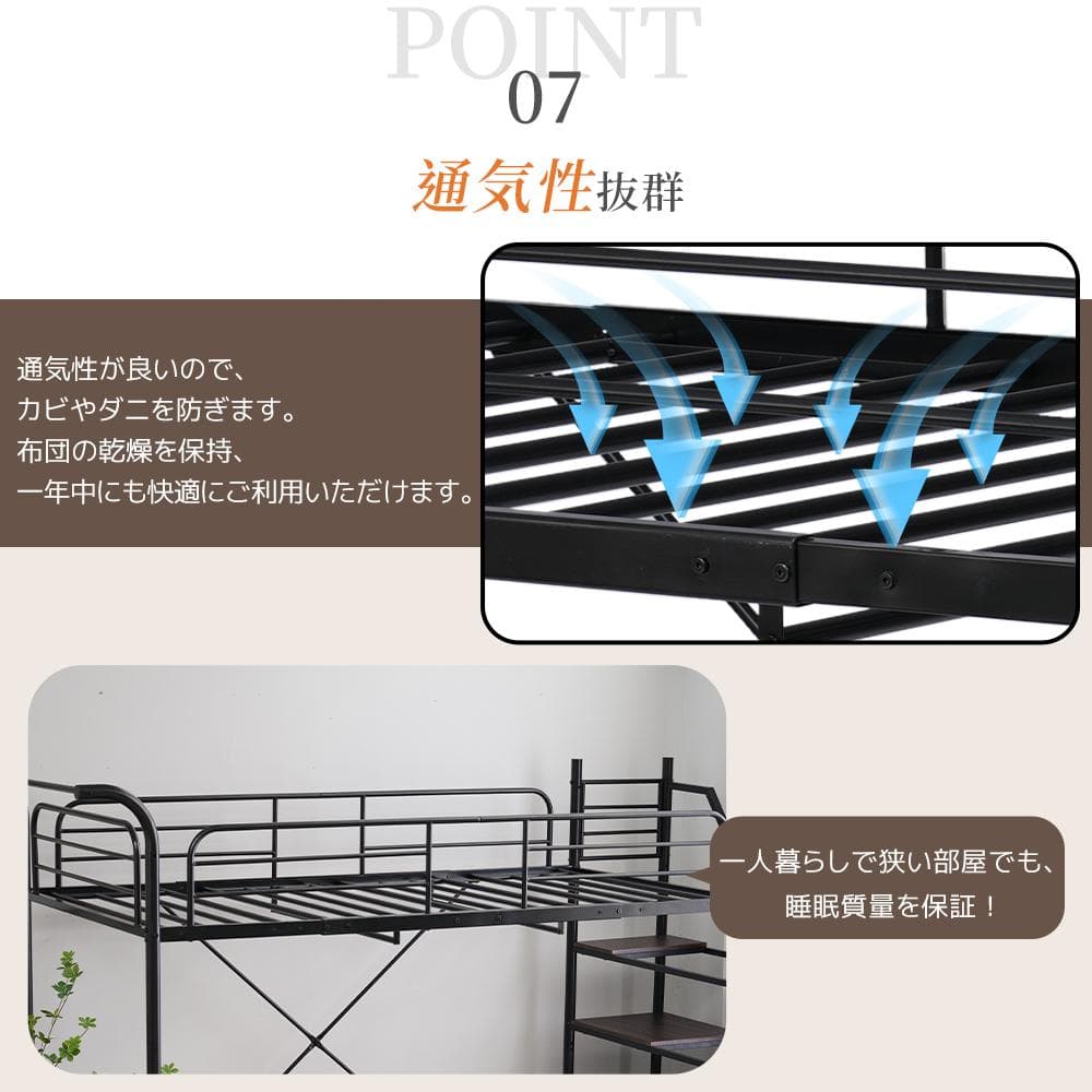 ロフトベッド【S】デスク・収納・コンセント付き 北欧風 スチール 耐震WHITE