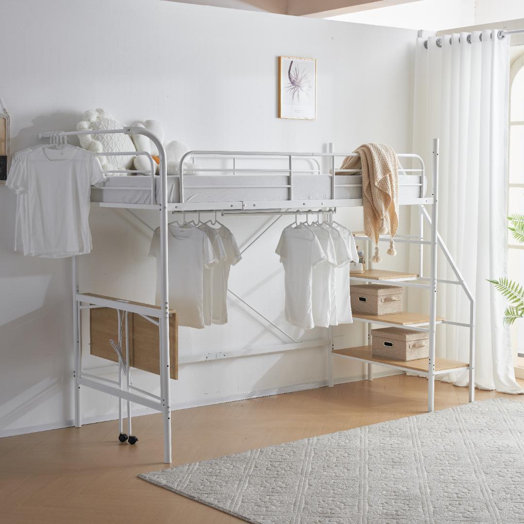 ロフトベッド【S】デスク・収納・コンセント付き 北欧風 スチール 耐震WHITE