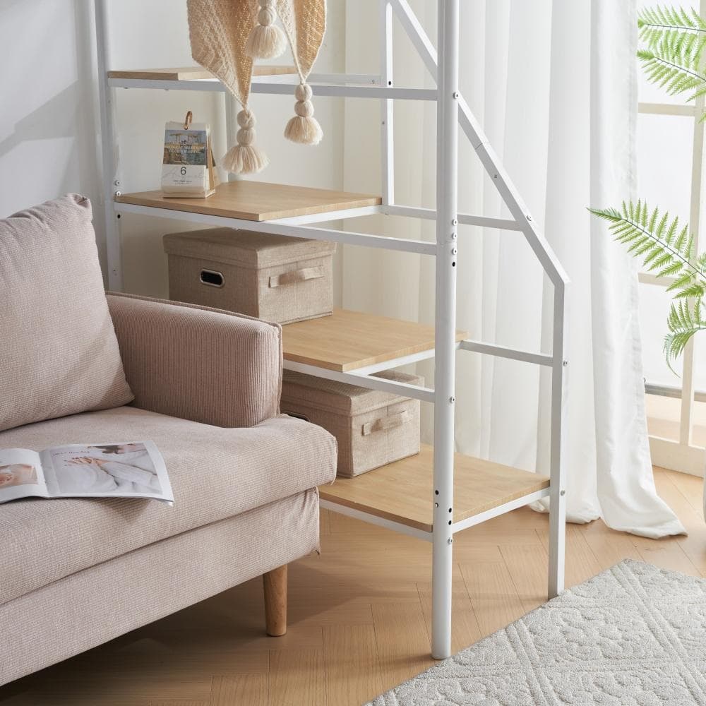 ロフトベッド【S】デスク・収納・コンセント付き 北欧風 スチール 耐震WHITE