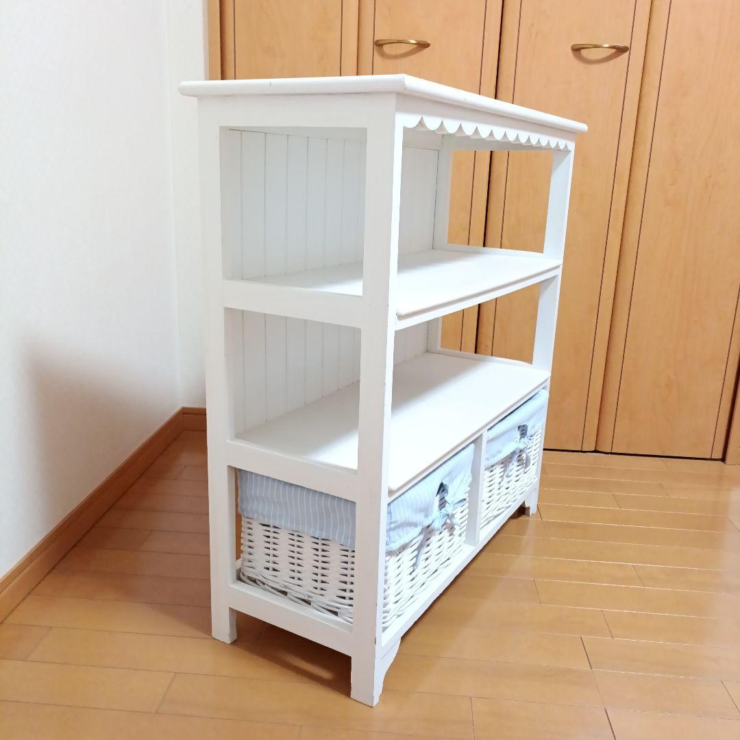 バスケット付3段フリルキャビネット　フレンチカントリー　可愛い　収納　木製　白