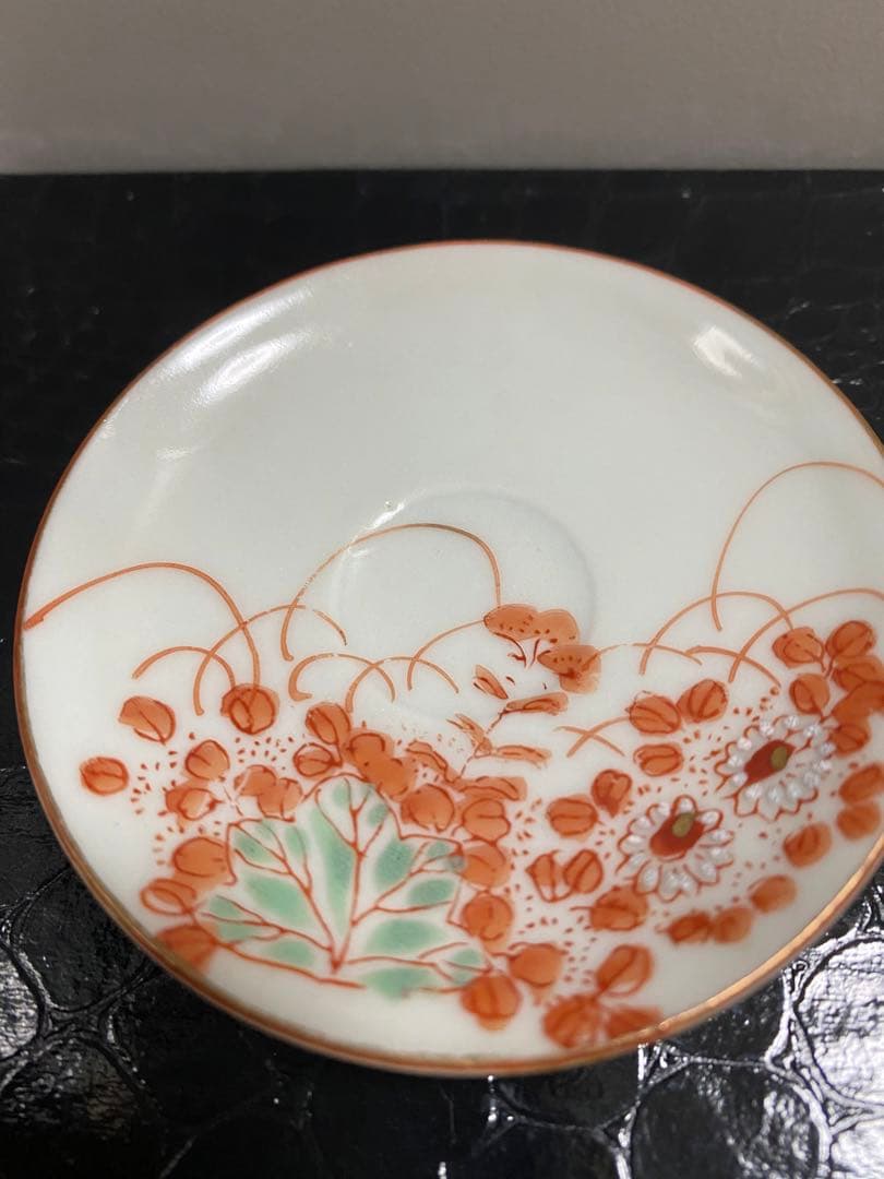 加賀　九谷焼　赤絵　骨董品　アンティーク　豆皿　7センチ　5枚セット