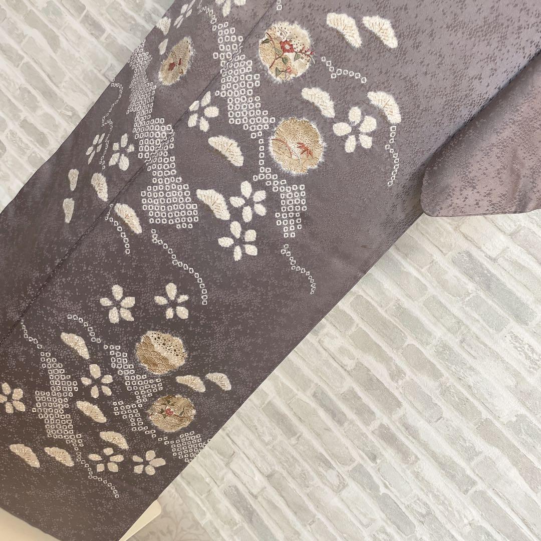 訪問着　フルセット　雪輪　松と梅　鹿の子絞り　金彩加工　手刺繍　着物　Q5