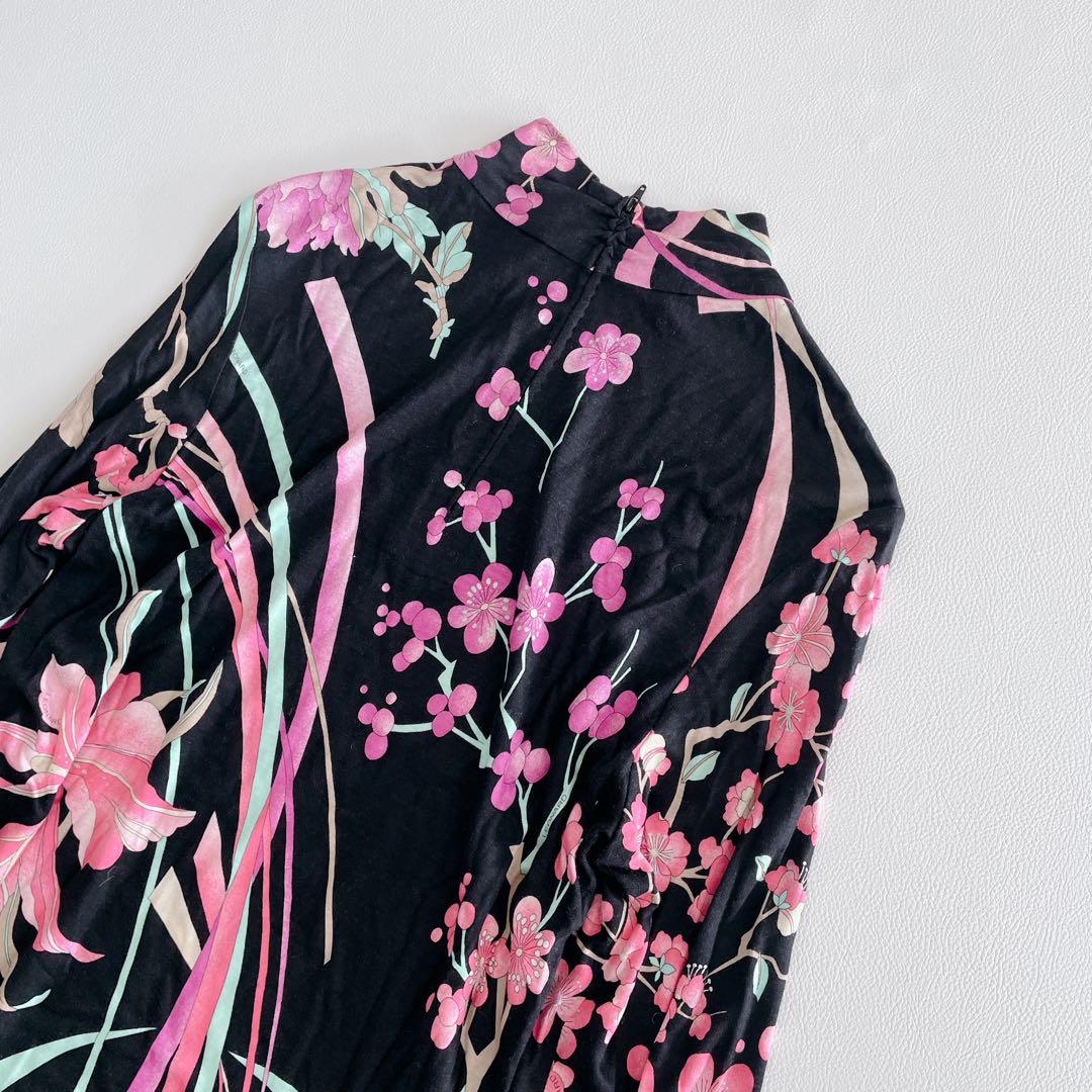 美品✨LEONARD レオナール トップス 長袖 シルク混 花柄 トリム 42