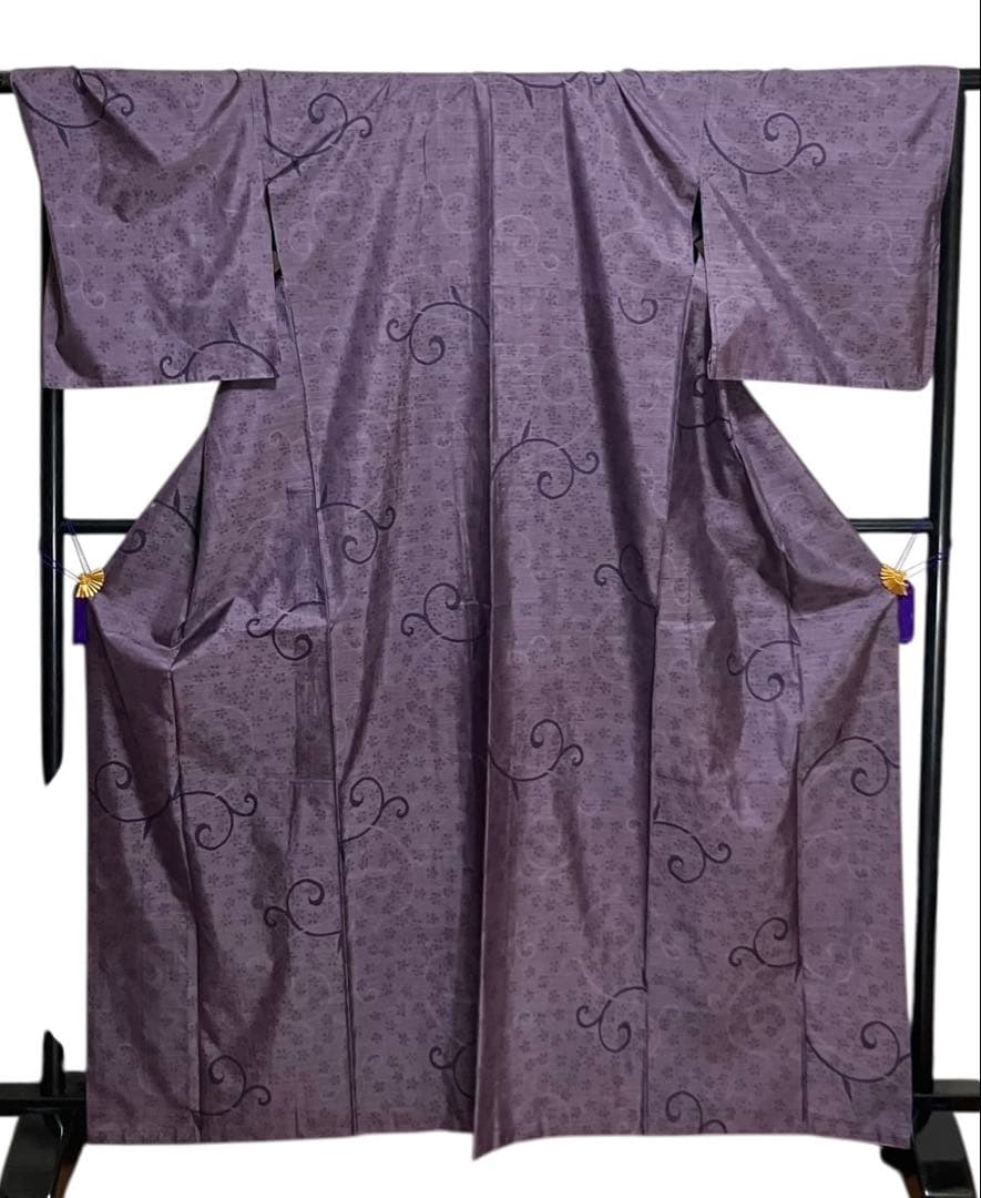 本場大島紬 経緯絣 屋久島紫いも染 窪田織物 小紋 唐花紋 証紙 イ6606