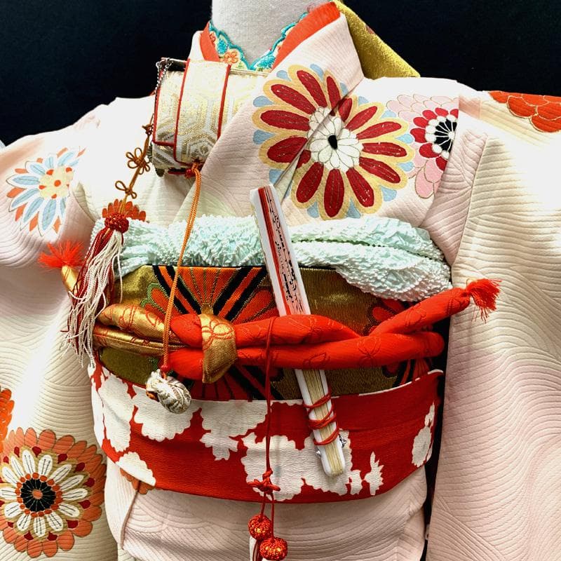 510ag20□七五三 七歳 セミアンティーク 女児 着物&袋帯 金彩 菊□良好