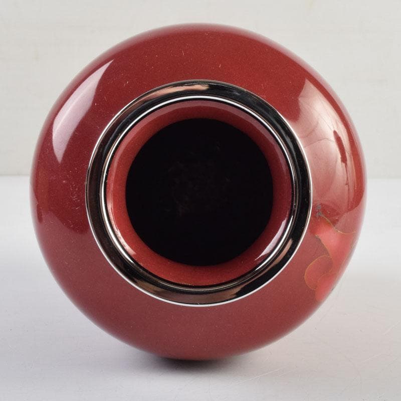 七宝焼　岡田泉作　赤透釉　梅文瓶　花瓶　唐木台付　共箱　V　9133