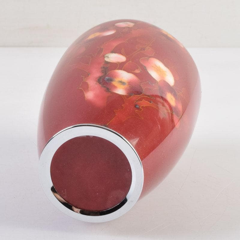 七宝焼　岡田泉作　赤透釉　梅文瓶　花瓶　唐木台付　共箱　V　9133