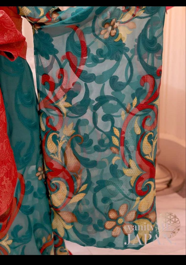 青と赤の花柄和装コスプレ衣装　ハロウィン・ダンス・舞台用に