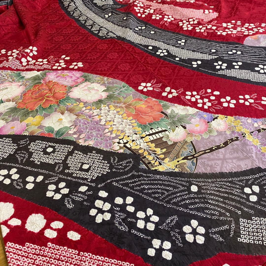 ⭐︎K0627 正絹 振袖 レンタル店放出品 赤 ガード加工 花柄 13号