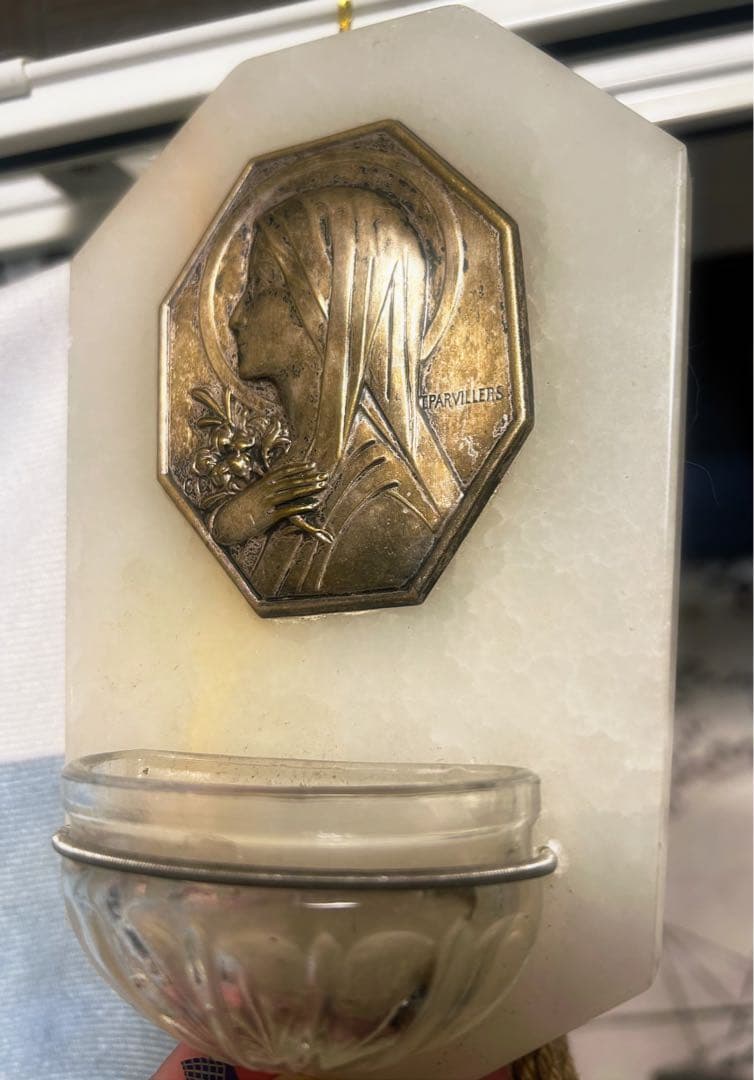 フランス　アンティーク　聖水盤　大理石 静か　聖母　ブロカント ベニティエ