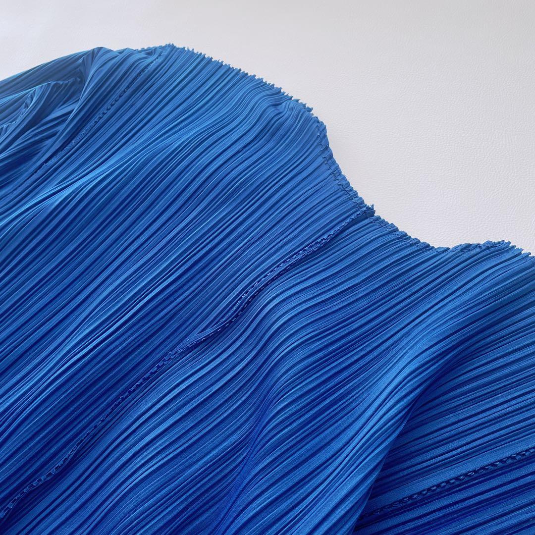 美品✨プリーツプリーズ　ロングカーディガン　羽織り　ノーカラーカーディガン　青