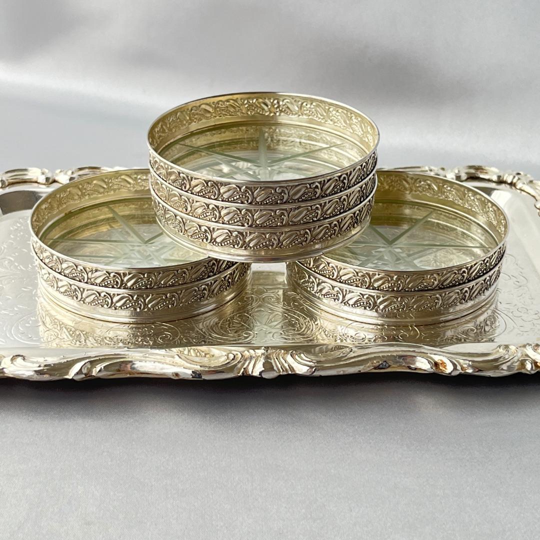 【Webster】 【純銀 / ガラス】レリーフのワイングラスコースター 8枚